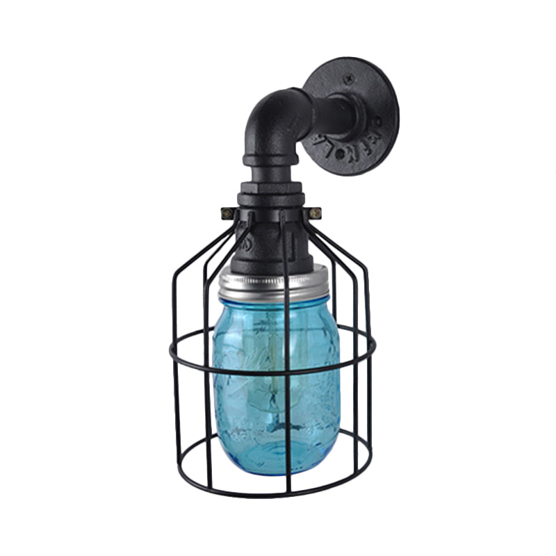 Sikunuo | Blue/Clear Glass Shade Wall Lamp with Wire Cage Industrial Style Glass 1 Bulb Restaurant Wall Light
