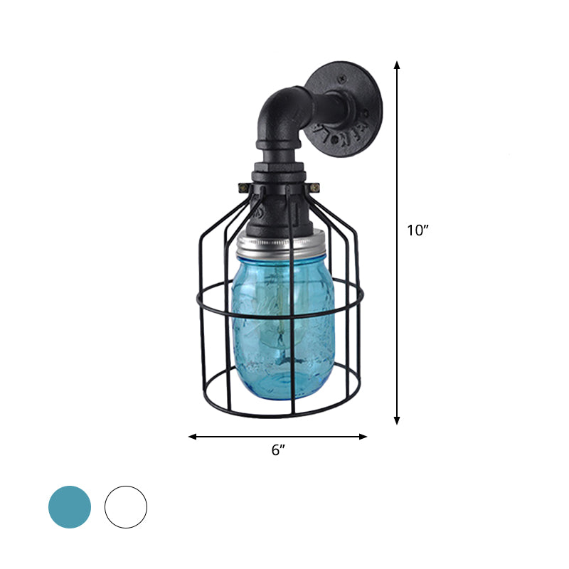 Sikunuo | Blue/Clear Glass Shade Wall Lamp with Wire Cage Industrial Style Glass 1 Bulb Restaurant Wall Light