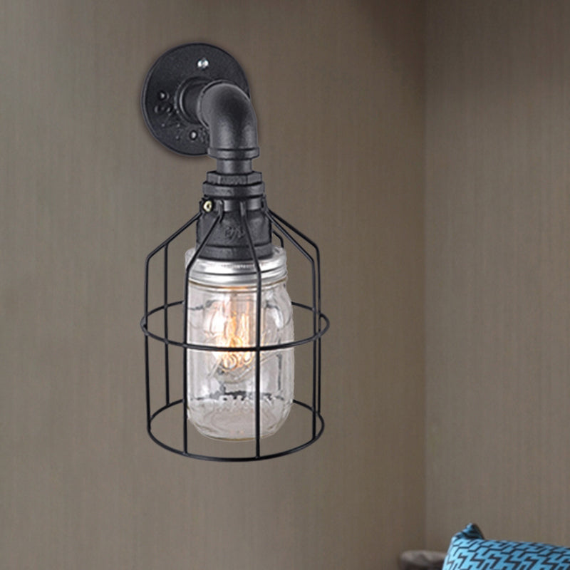 Sikunuo | Blue/Clear Glass Shade Wall Lamp with Wire Cage Industrial Style Glass 1 Bulb Restaurant Wall Light