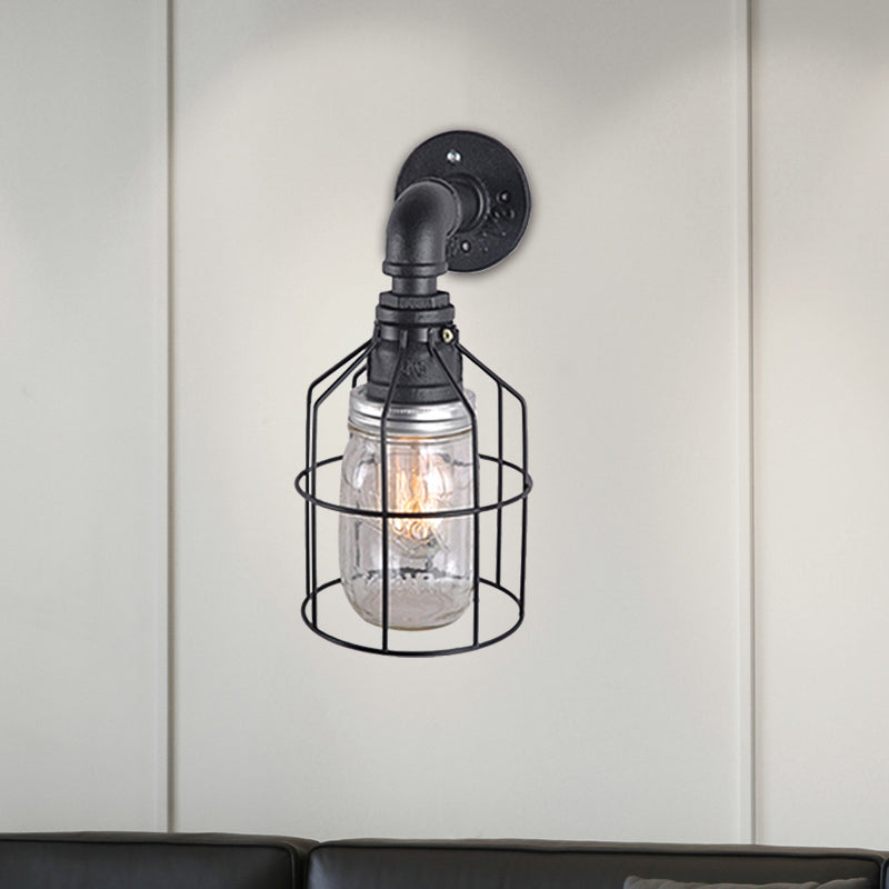 Sikunuo | Blue/Clear Glass Shade Wall Lamp with Wire Cage Industrial Style Glass 1 Bulb Restaurant Wall Light