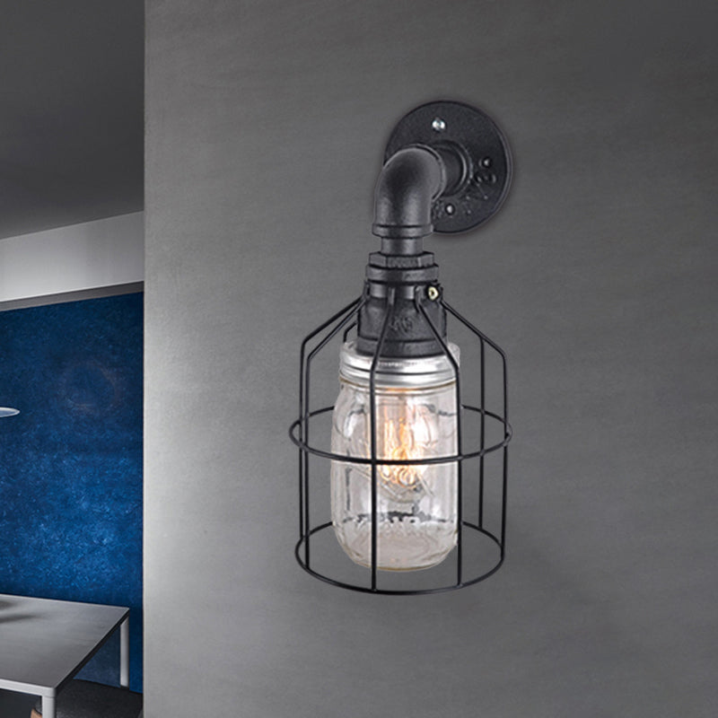 Sikunuo | Blue/Clear Glass Shade Wall Lamp with Wire Cage Industrial Style Glass 1 Bulb Restaurant Wall Light