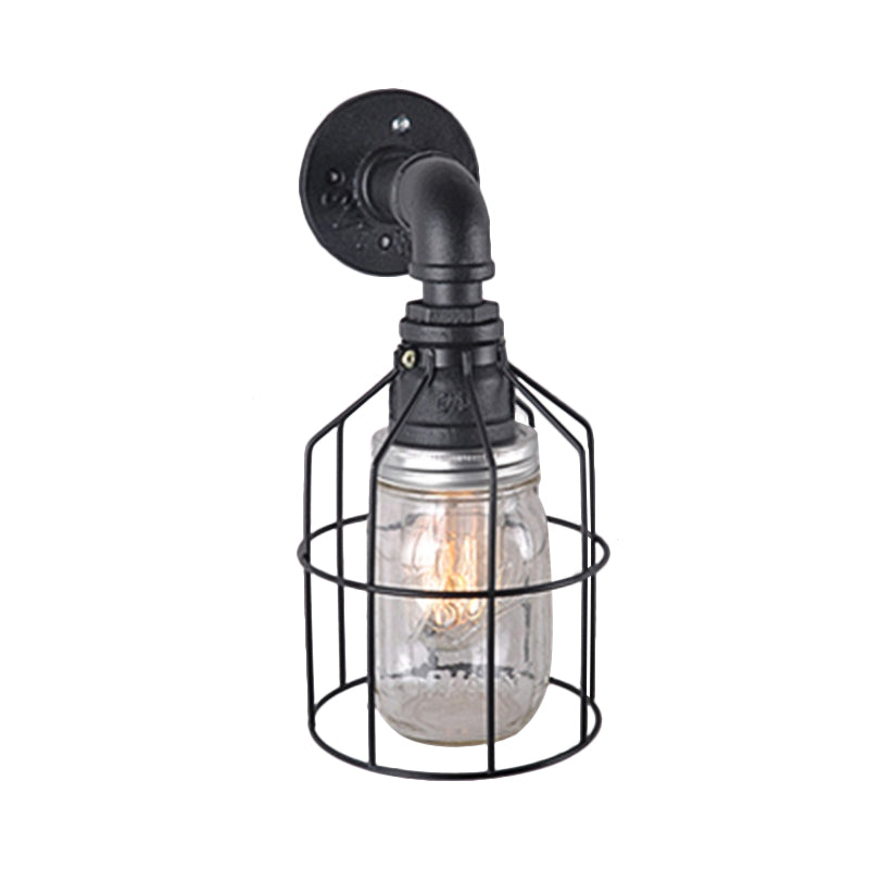 Sikunuo | Blue/Clear Glass Shade Wall Lamp with Wire Cage Industrial Style Glass 1 Bulb Restaurant Wall Light