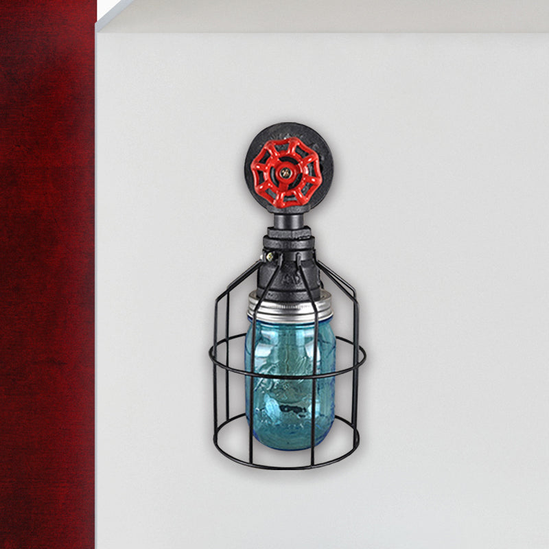 Sikunuo | Vintage Caged Wall Lamp with Inner Pot Shade and Red Flap 1 Light Glass Wall Lighting in Blue/Transparent