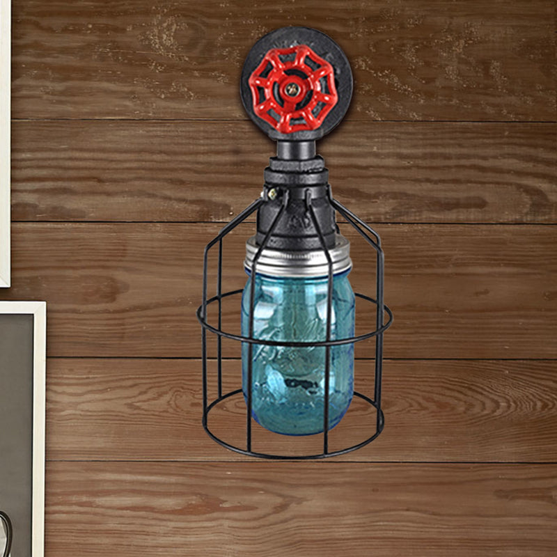 Sikunuo | Vintage Caged Wall Lamp with Inner Pot Shade and Red Flap 1 Light Glass Wall Lighting in Blue/Transparent