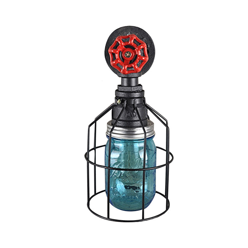 Sikunuo | Vintage Caged Wall Lamp with Inner Pot Shade and Red Flap 1 Light Glass Wall Lighting in Blue/Transparent