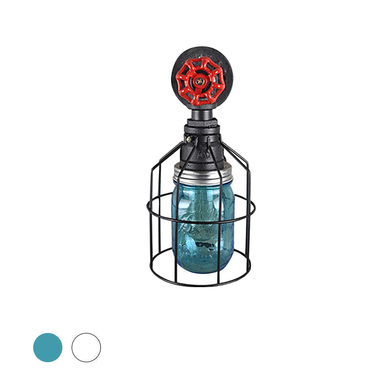 Sikunuo | Vintage Caged Wall Lamp with Inner Pot Shade and Red Flap 1 Light Glass Wall Lighting in Blue/Transparent
