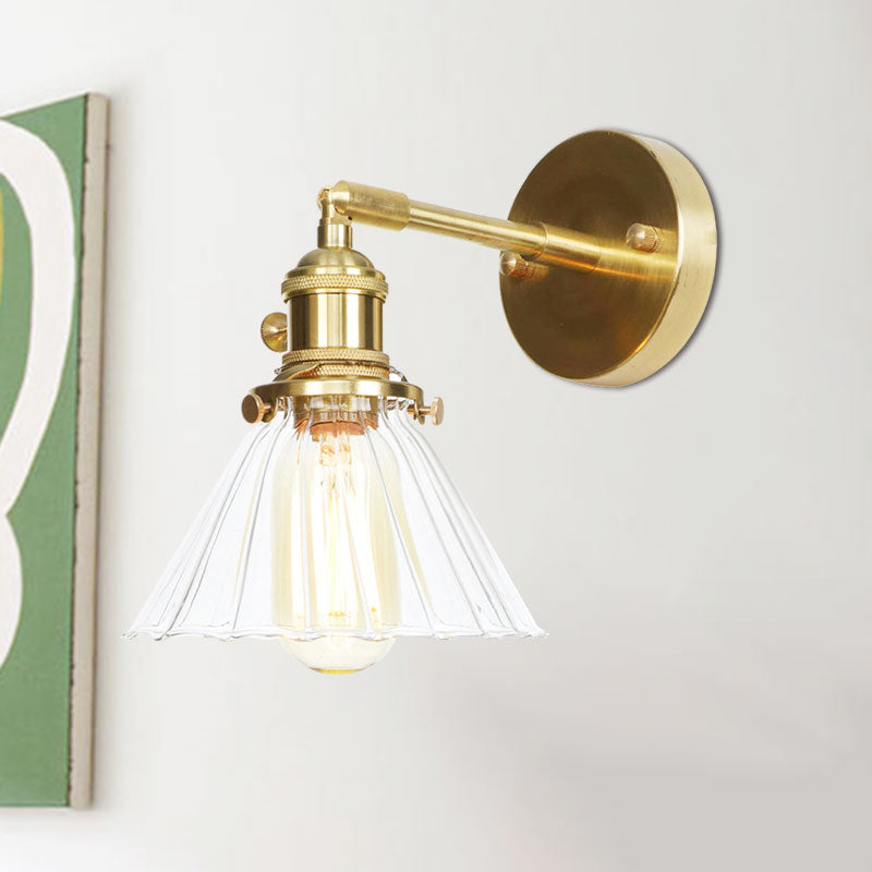 Sikunuo | Cone-Shaped Wall Lamp with Clear Rippled Glass Single Light Vintage Wall Lighting