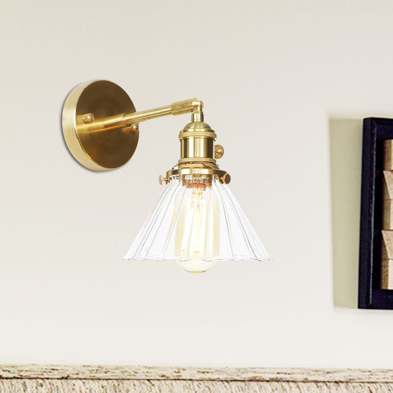 Sikunuo | Cone-Shaped Wall Lamp with Clear Rippled Glass Single Light Vintage Wall Lighting