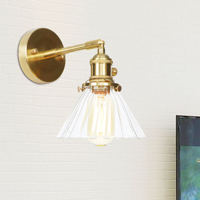 Sikunuo | Cone-Shaped Wall Lamp with Clear Rippled Glass Single Light Vintage Wall Lighting