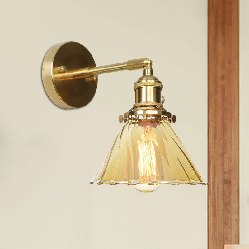 Sikunuo | Industrial Vintage Cone Wall Lamp Amber Ruffle Glass Adjustable 1 Light Wall Sconce