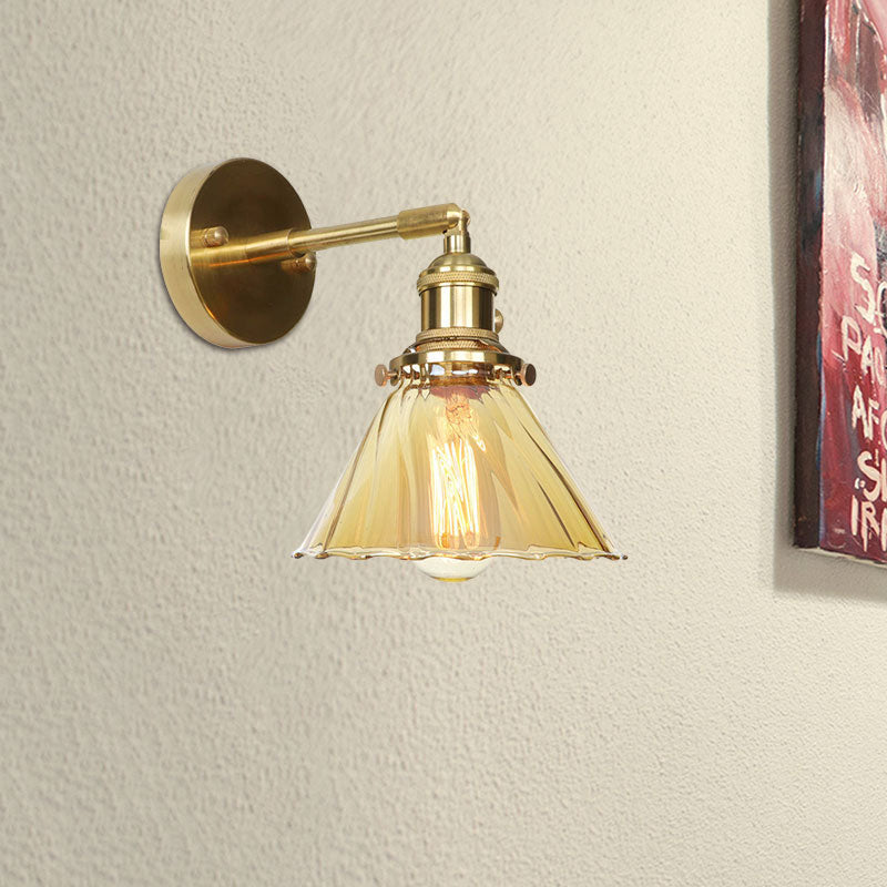 Sikunuo | Industrial Vintage Cone Wall Lamp Amber Ruffle Glass Adjustable 1 Light Wall Sconce