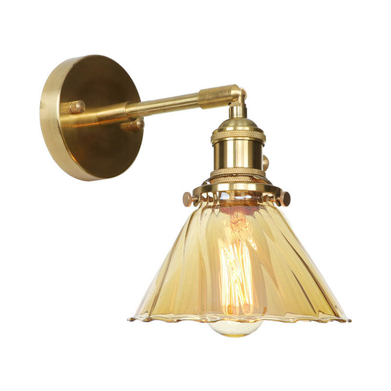 Sikunuo | Industrial Vintage Cone Wall Lamp Amber Ruffle Glass Adjustable 1 Light Wall Sconce
