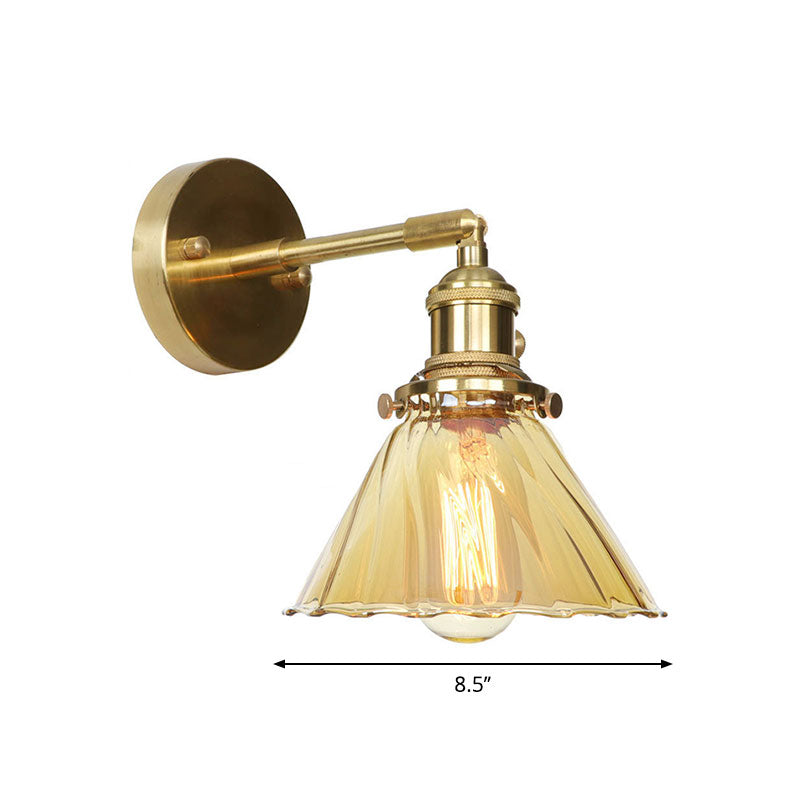 Sikunuo | Industrial Vintage Cone Wall Lamp Amber Ruffle Glass Adjustable 1 Light Wall Sconce