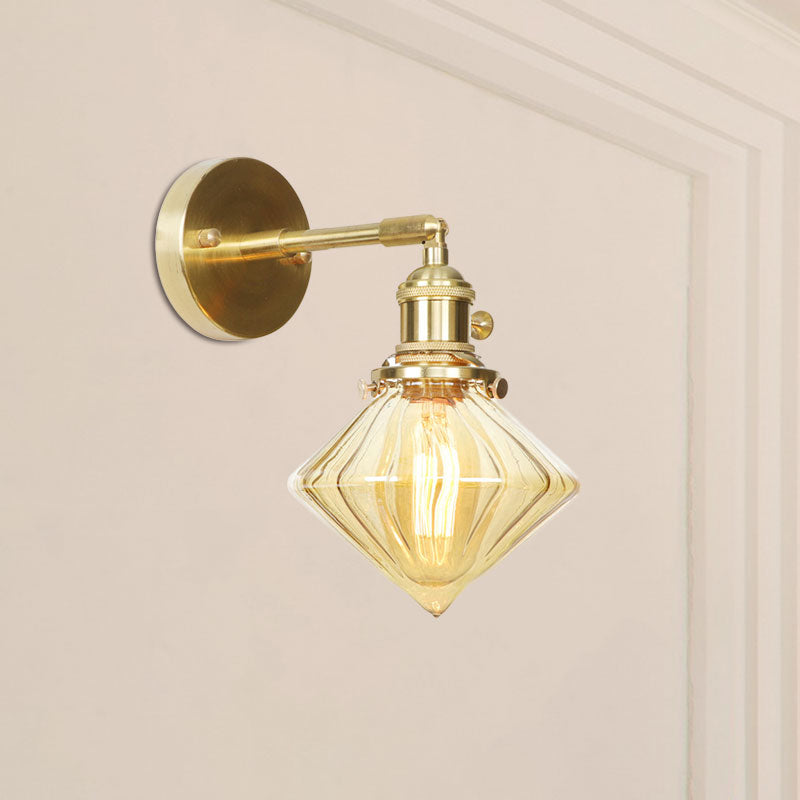 Sikunuo | 1 Light Geometric Wall Lamp Amber Ribbed Glass Retro Style Wall Lamp Fixture