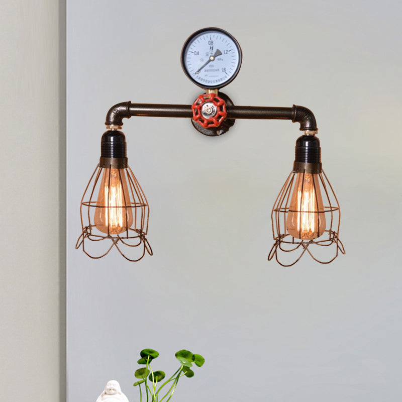 Sikunuo | 2 Light Bulbs Wire Frame Wall Mount Light with Pressure Gauge Deco Antique Style Black Metal Wall Lighting