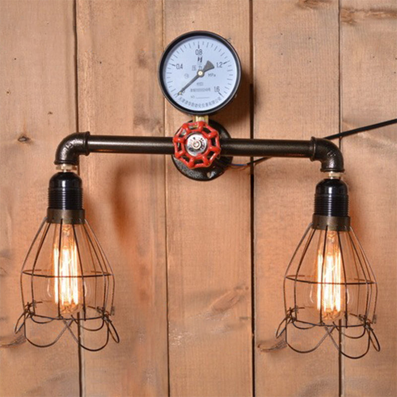 Sikunuo | 2 Light Bulbs Wire Frame Wall Mount Light with Pressure Gauge Deco Antique Style Black Metal Wall Lighting