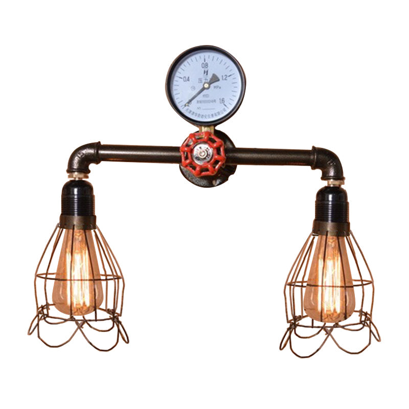 Sikunuo | 2 Light Bulbs Wire Frame Wall Mount Light with Pressure Gauge Deco Antique Style Black Metal Wall Lighting