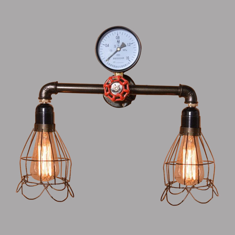 Sikunuo | 2 Light Bulbs Wire Frame Wall Mount Light with Pressure Gauge Deco Antique Style Black Metal Wall Lighting