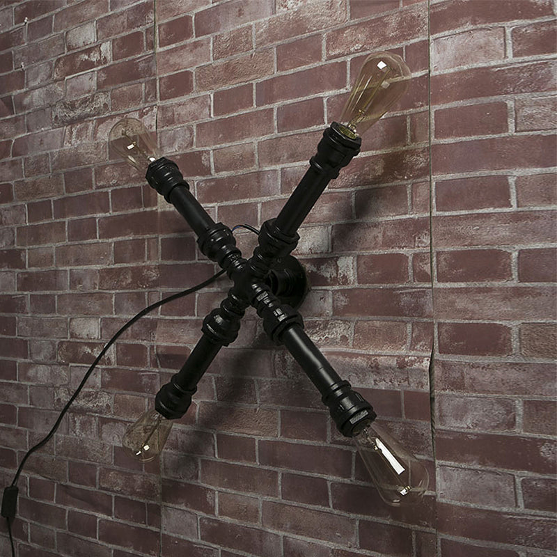 Sikunuo | 4 bulbs X-shaped wall lighting with water pipe industrial black finish wrought iron wall lamp