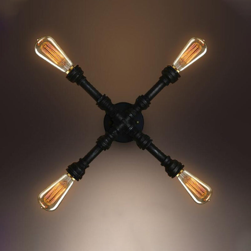 Sikunuo | 4 bulbs X-shaped wall lighting with water pipe industrial black finish wrought iron wall lamp