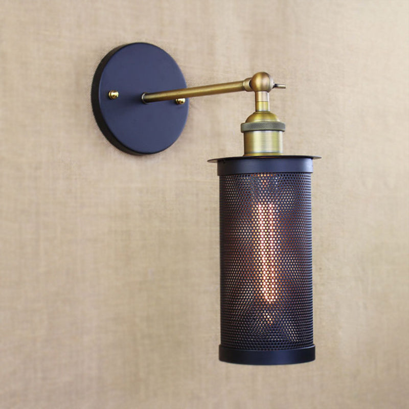 Sikunuo | Cylindrical Mesh Metal Shade Wall Lighting Farm 1 Light Corridor Wall Lamp in Black/Brass