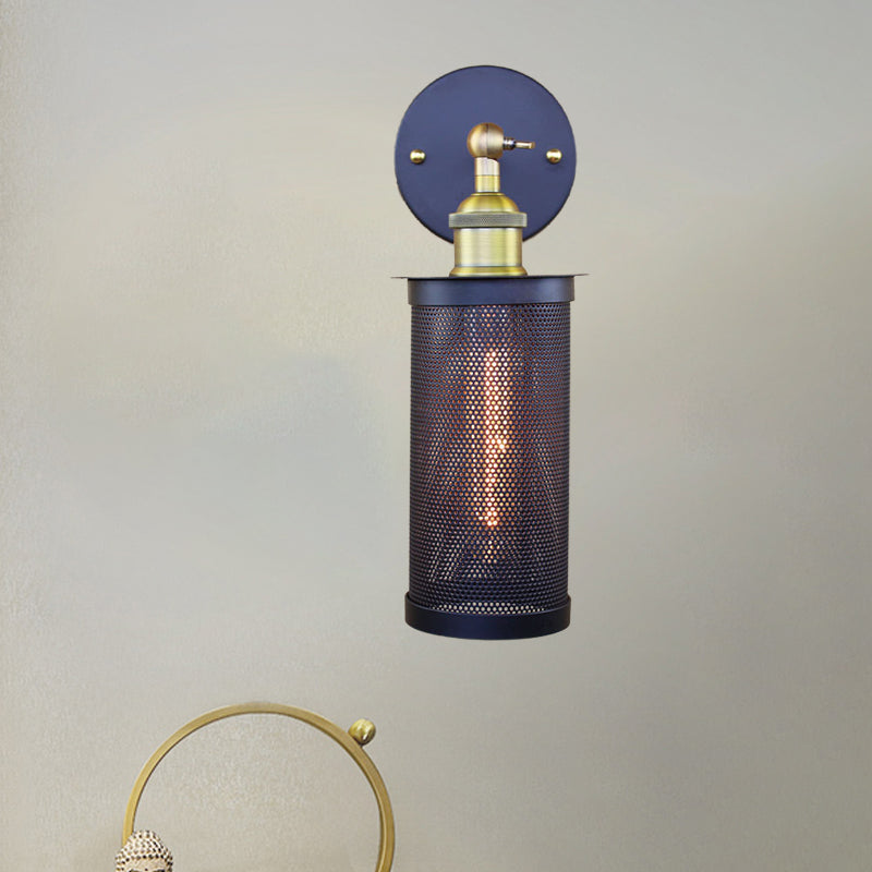 Sikunuo | Cylindrical Mesh Metal Shade Wall Lighting Farm 1 Light Corridor Wall Lamp in Black/Brass