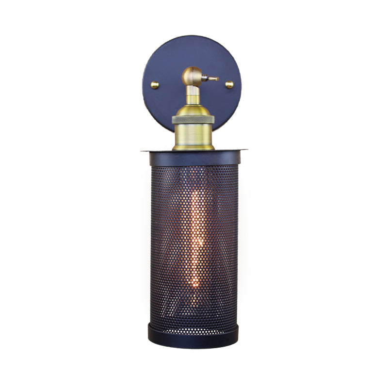 Sikunuo | Cylindrical Mesh Metal Shade Wall Lighting Farm 1 Light Corridor Wall Lamp in Black/Brass