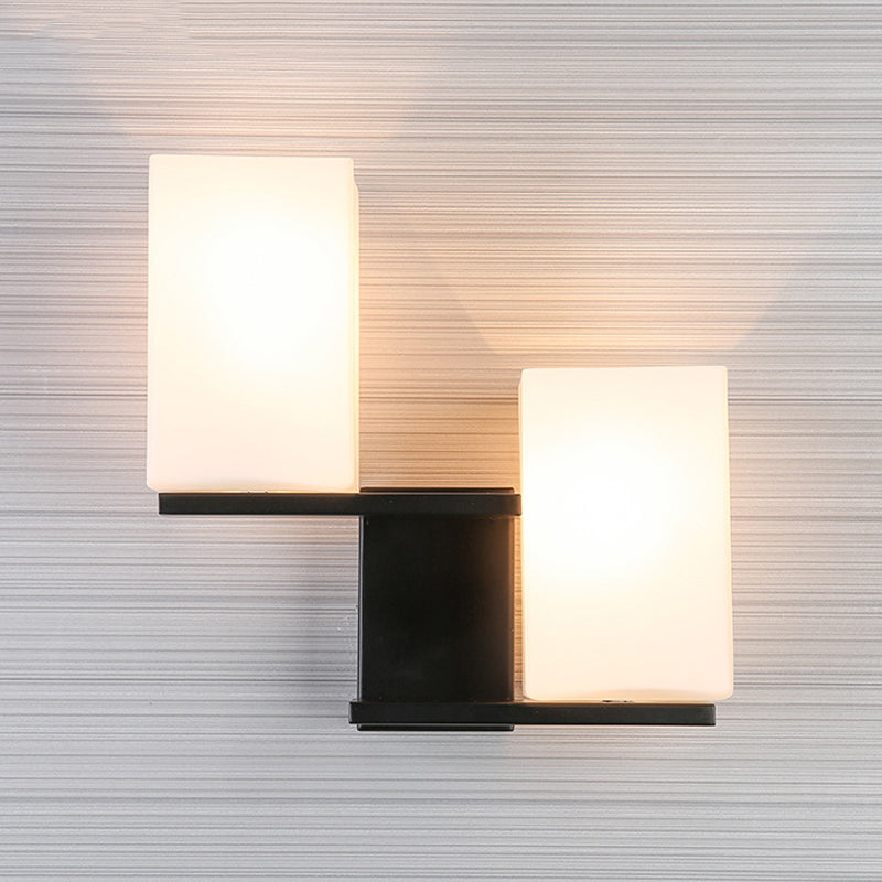 Sikunuo | Opal Frosted Glass Rectangle Wall Light Nordic Style 2 Lamps White/Black Wall Mounted Light Fixture