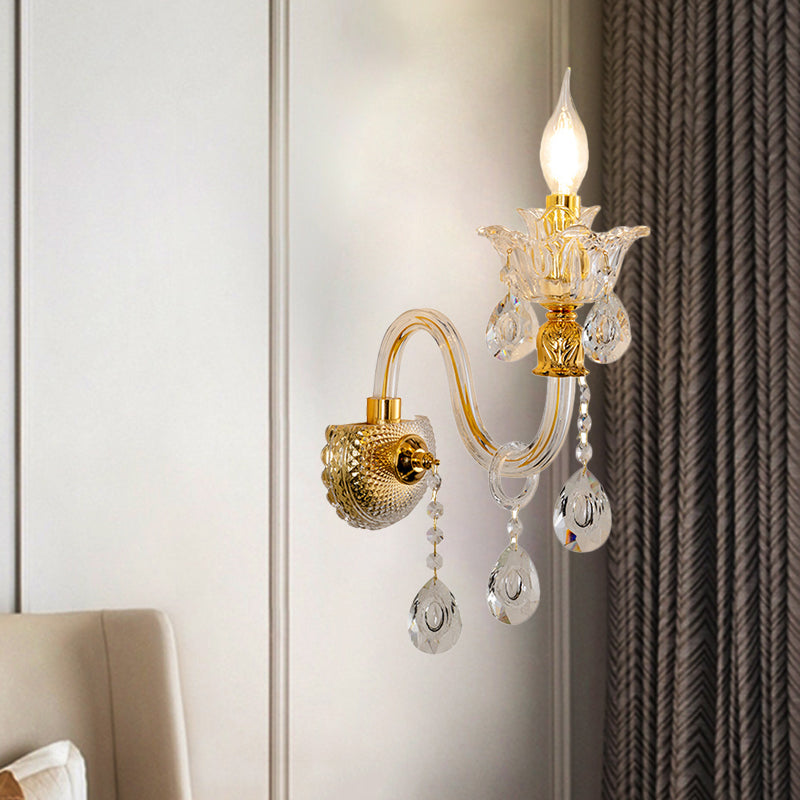 Sikunuo | 1/2-Bulb Clear Glass Coated Wall Light Vintage Gold Candle Style Lounge Wall Light with Curved Arm
