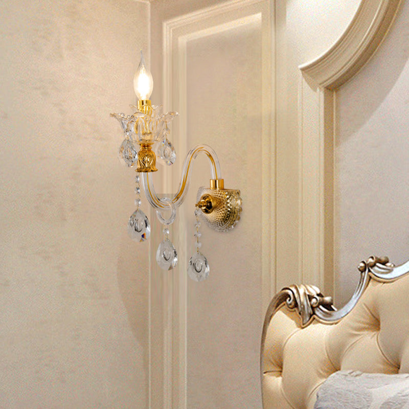 Sikunuo | 1/2-Bulb Clear Glass Coated Wall Light Vintage Gold Candle Style Lounge Wall Light with Curved Arm