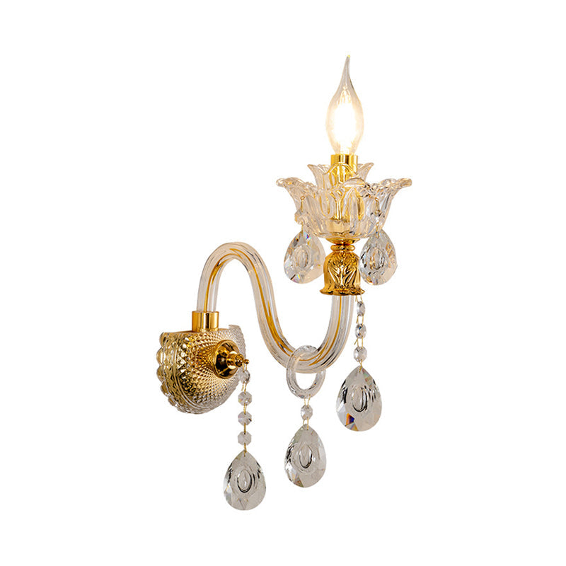 Sikunuo | 1/2-Bulb Clear Glass Coated Wall Light Vintage Gold Candle Style Lounge Wall Light with Curved Arm