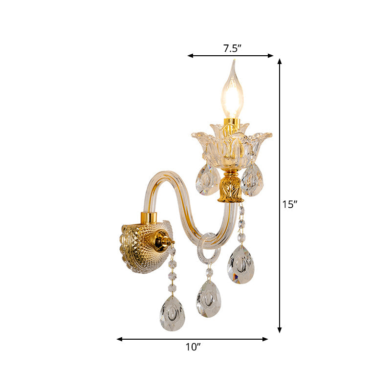 Sikunuo | 1/2-Bulb Clear Glass Coated Wall Light Vintage Gold Candle Style Lounge Wall Light with Curved Arm