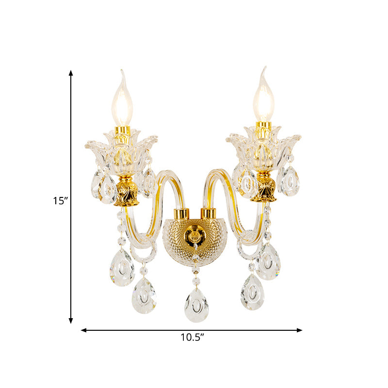Sikunuo | 1/2-Bulb Clear Glass Coated Wall Light Vintage Gold Candle Style Lounge Wall Light with Curved Arm
