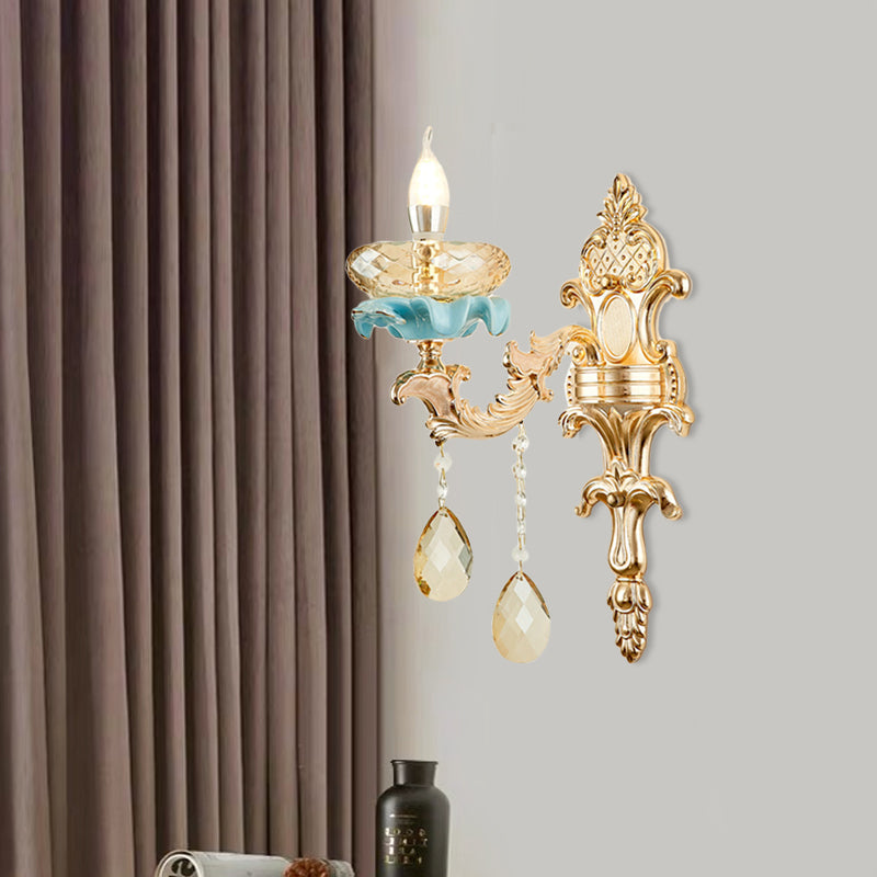 Sikunuo | Antiqued Candle Holder Wall Mount Lamp 1/2-Light K9 Crystal Wall Sconce with Ceramic Plastic in Gold