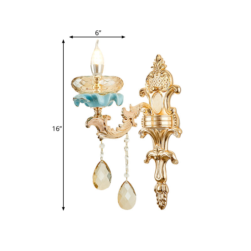 Sikunuo | Antiqued Candle Holder Wall Mount Lamp 1/2-Light K9 Crystal Wall Sconce with Ceramic Plastic in Gold