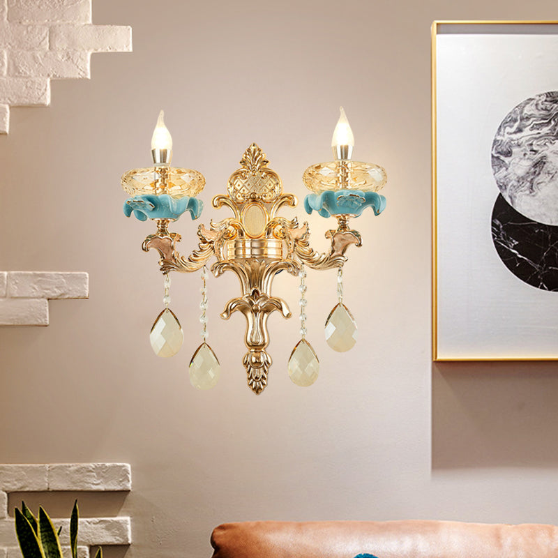 Sikunuo | Antiqued Candle Holder Wall Mount Lamp 1/2-Light K9 Crystal Wall Sconce with Ceramic Plastic in Gold