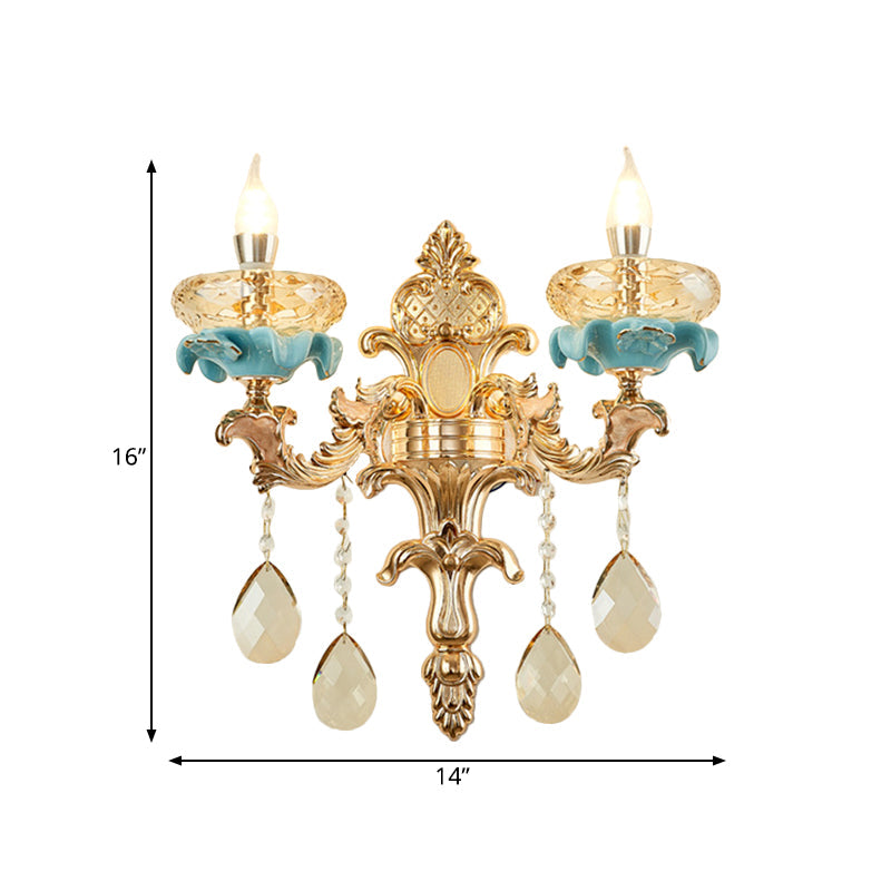 Sikunuo | Antiqued Candle Holder Wall Mount Lamp 1/2-Light K9 Crystal Wall Sconce with Ceramic Plastic in Gold