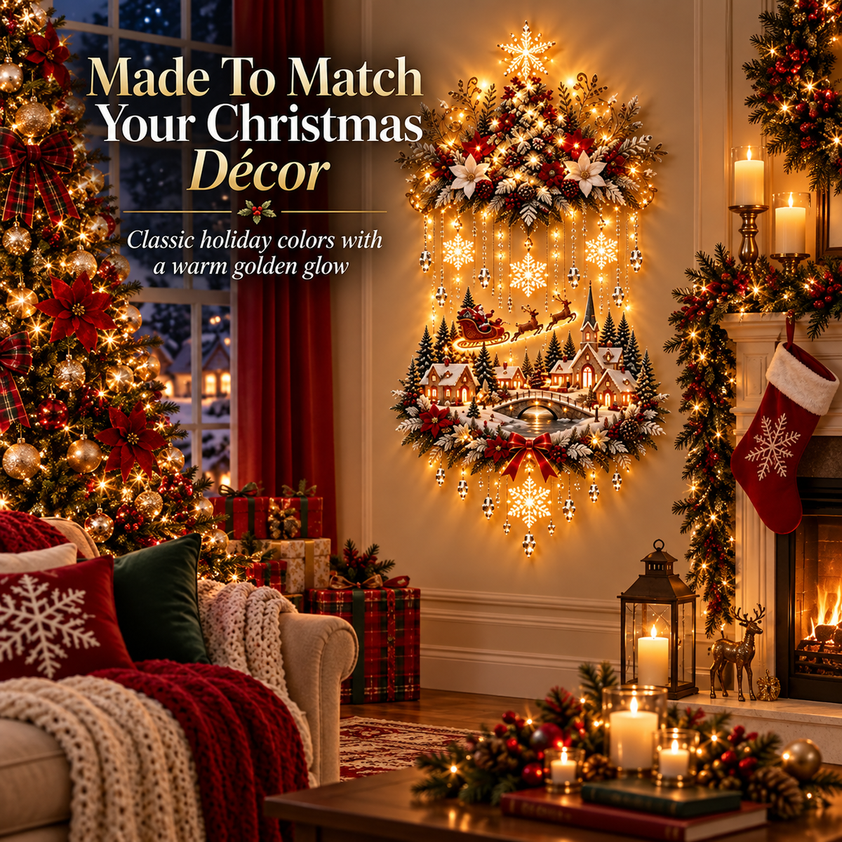 🎄 Lighted Christmas Tree & Village Wall Decor – Warm Cascading Glow