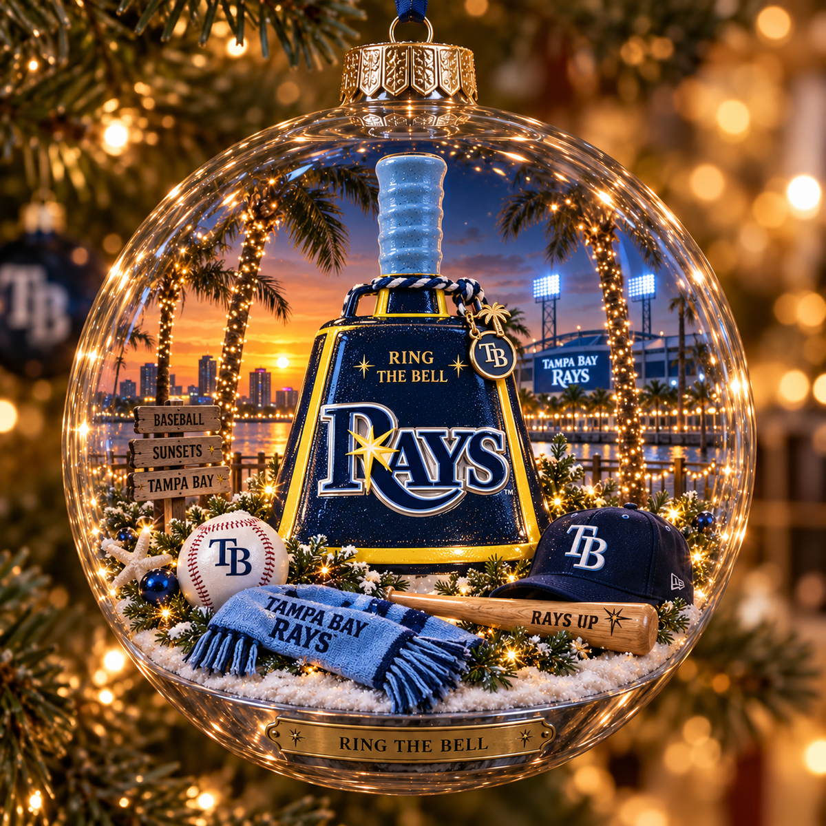 Rays Light-Up Baseball Heritage Christmas Ornament