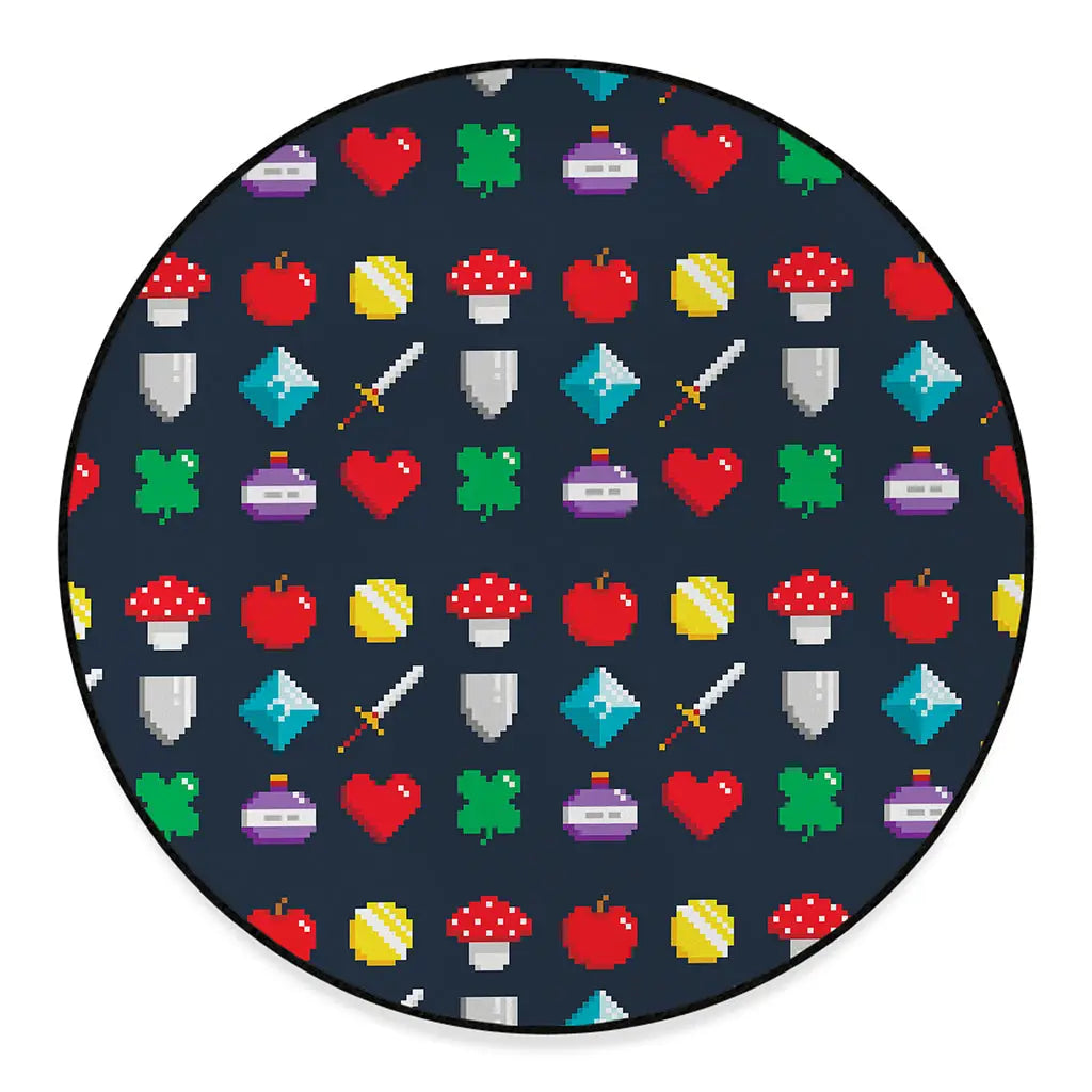 8-Bit Pixel Game Items Print Round Floor Mat