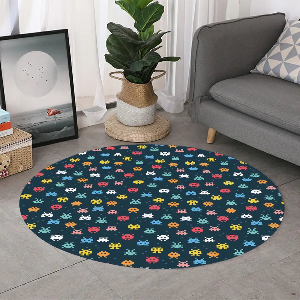 8-Bit Video Game Monsters Pattern Print Round Rug