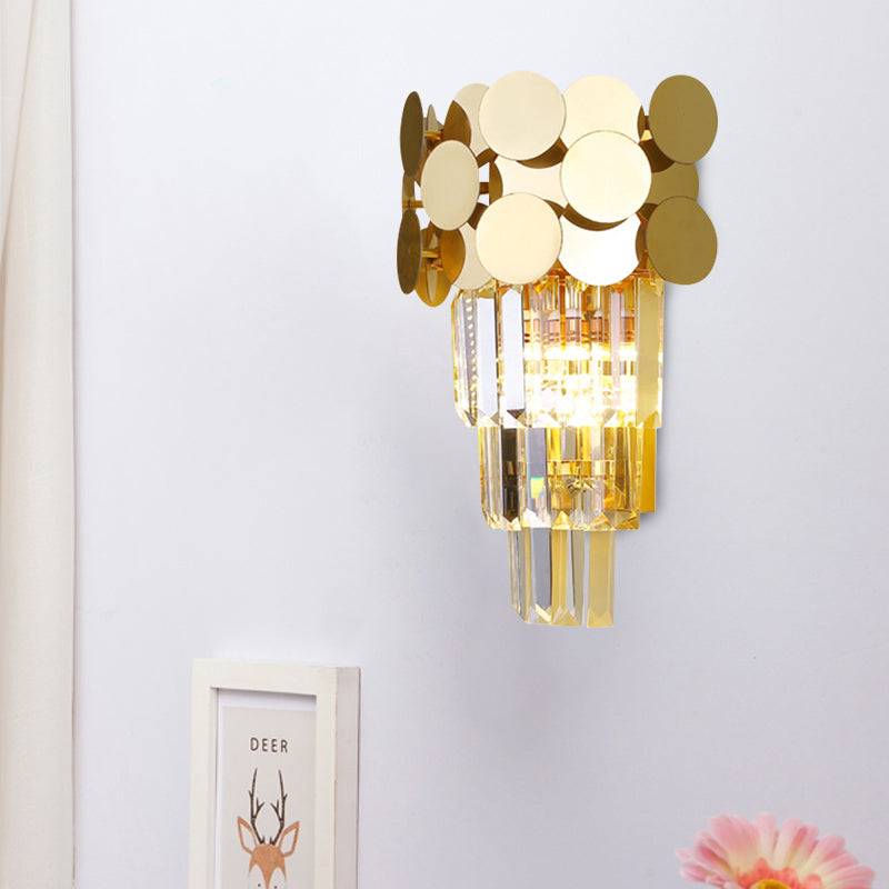 Sikunuo | 1-Bulb Wall Lamp Modernism Living Room Sconce Light with Layered Crystal Block Shade in Gold