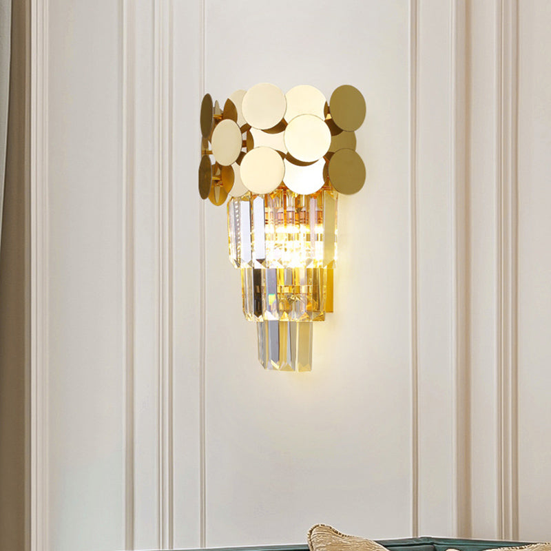Sikunuo | 1-Bulb Wall Lamp Modernism Living Room Sconce Light with Layered Crystal Block Shade in Gold