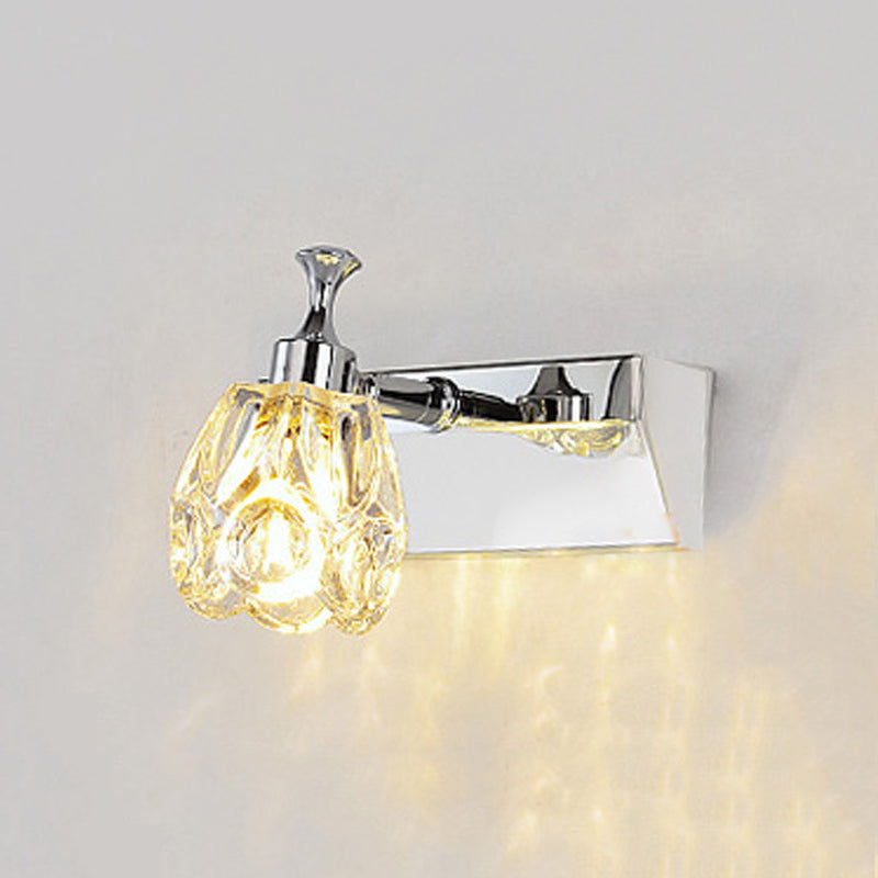 Sikunuo | Chrome 1/2/3-Light Vanity Light Fixture Minimal Faceted Crystal Flower Wall Lamp in Warm/White Light
