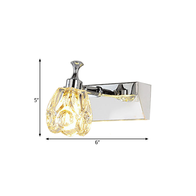Sikunuo | Chrome 1/2/3-Light Vanity Light Fixture Minimal Faceted Crystal Flower Wall Lamp in Warm/White Light