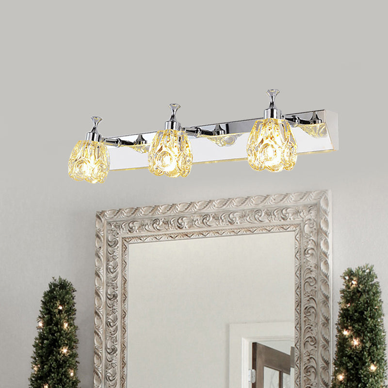 Sikunuo | Chrome 1/2/3-Light Vanity Light Fixture Minimal Faceted Crystal Flower Wall Lamp in Warm/White Light