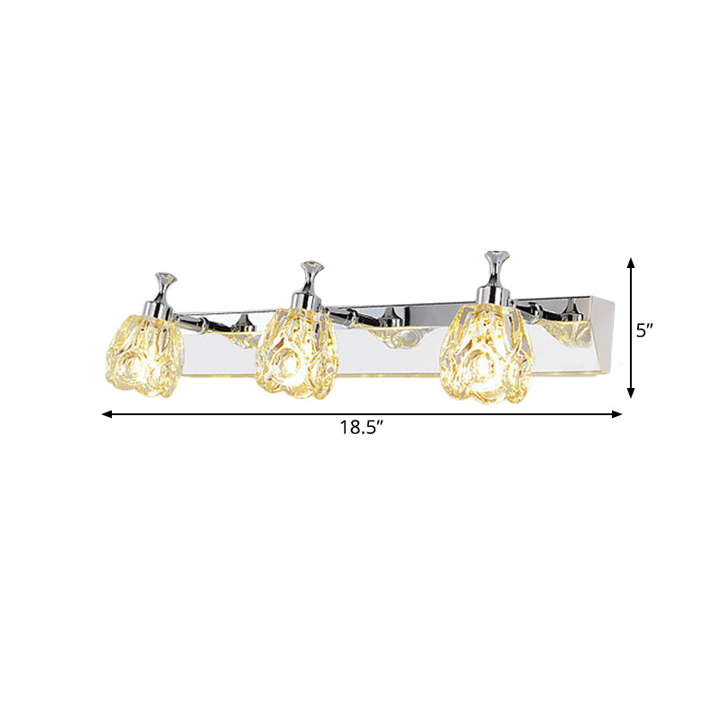 Sikunuo | Chrome 1/2/3-Light Vanity Light Fixture Minimal Faceted Crystal Flower Wall Lamp in Warm/White Light