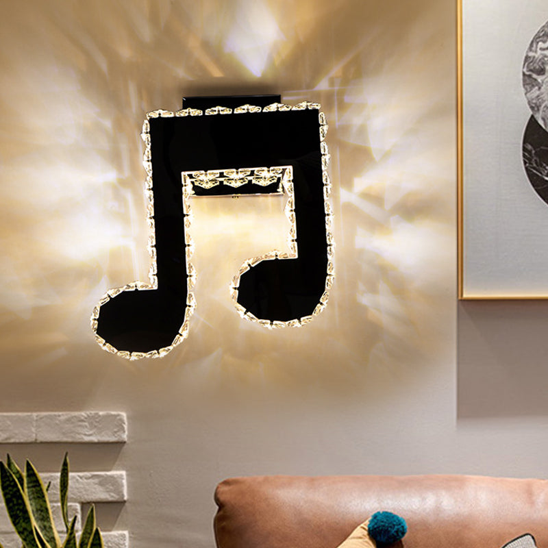 Sikunuo | LED Wall Mount Lamp Minimalist Music Note Shape Facet Crystal Wall Lighting Fixture in Black