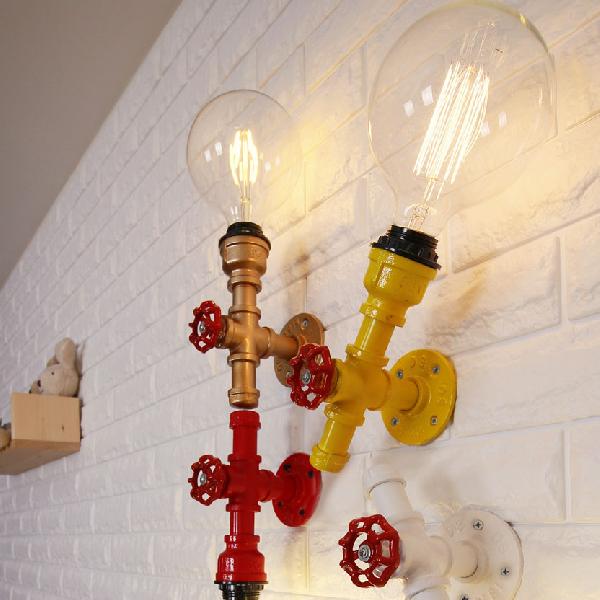 Sikunuo | Metallic Pipe Wall Light Industrial 1 Bulb Farmhouse Wall Lamp with Raw Valve in White/Red, 1/5-Pack