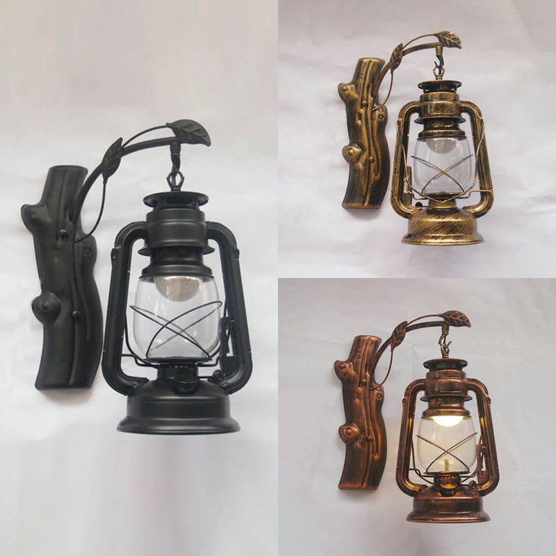 Sikunuo | Clear Glass Lantern Wall Lamp Coastal Style 1 Light Living Room Lighting Unit in Black/Bronze/Copper
